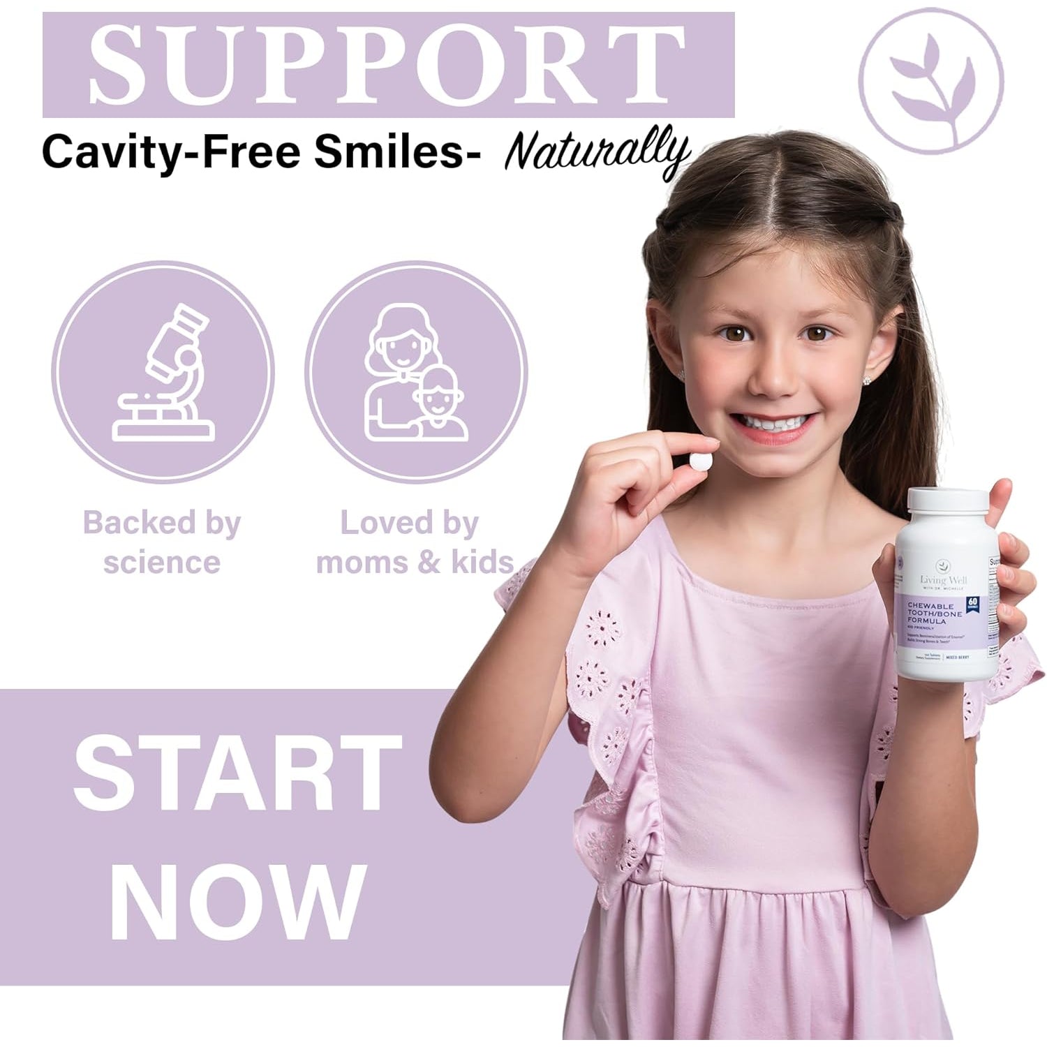 Living Well Kids Calcium & Tooth Support – Chewable Bone Health Vitamins with D3 + K2, Magnesium & Zinc – Strong Teeth & Enamel Defense – Berry Flavor – Fluoride-Free, Non-Gmo