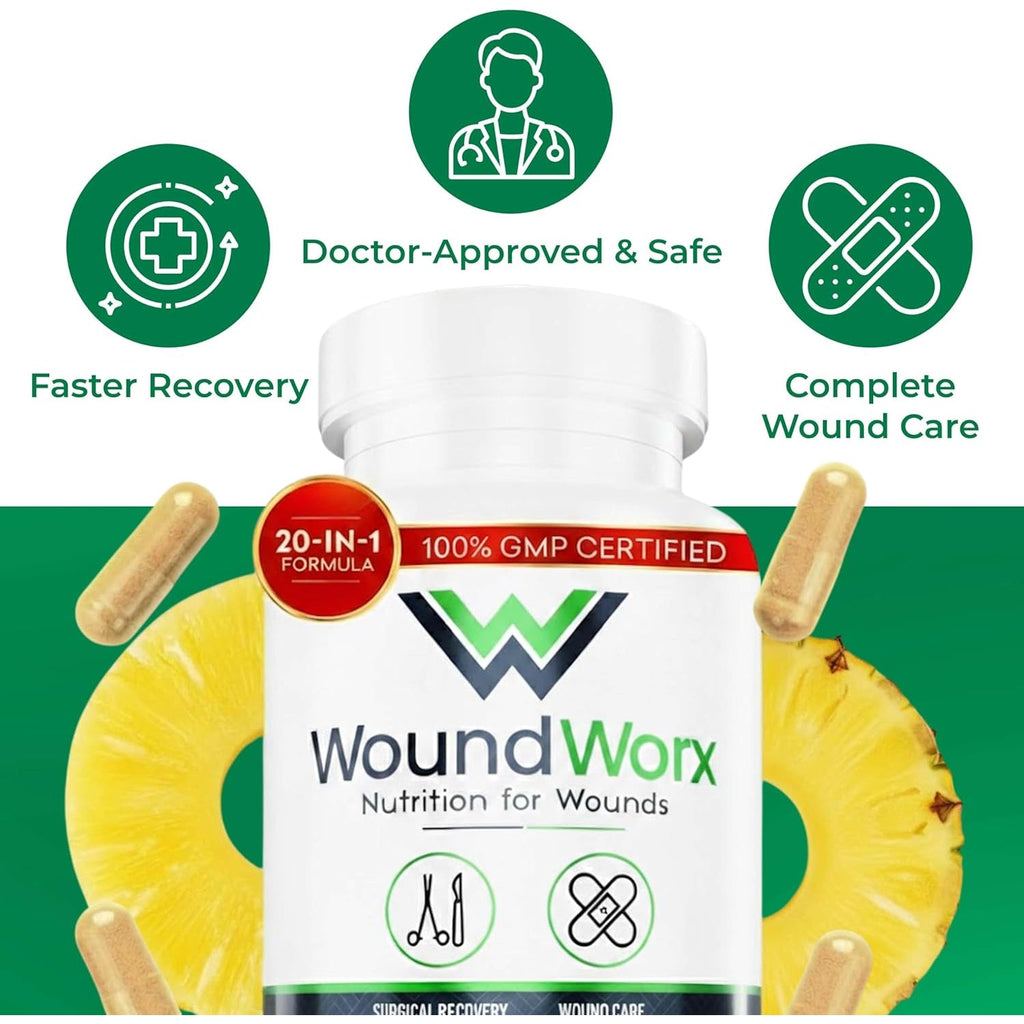 Free Life Labs Woundworx Nutrition-Scar and Surgery Support, Wound Care, General and Plastic Surgery, Faster Healing W/Vitamins, Amino Acids, Collagen, Probiotics, Turmeric, Bromelain-90 Caps
