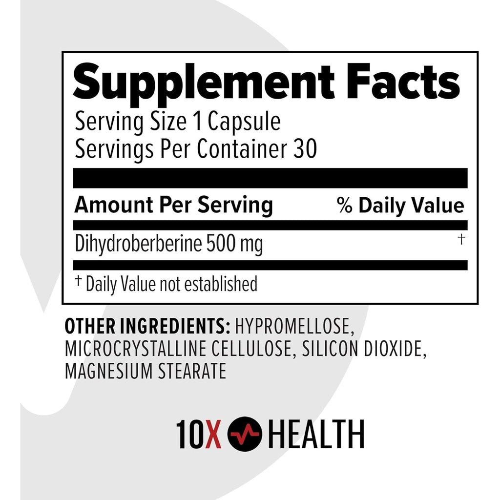 10X Health Berberine Supplement 500Mg - Contains Dihydroberberine Supplement for Better Absorption - Supports Cardiovascular & Gut Health Supplements for Women & Men - 30 Capsules
