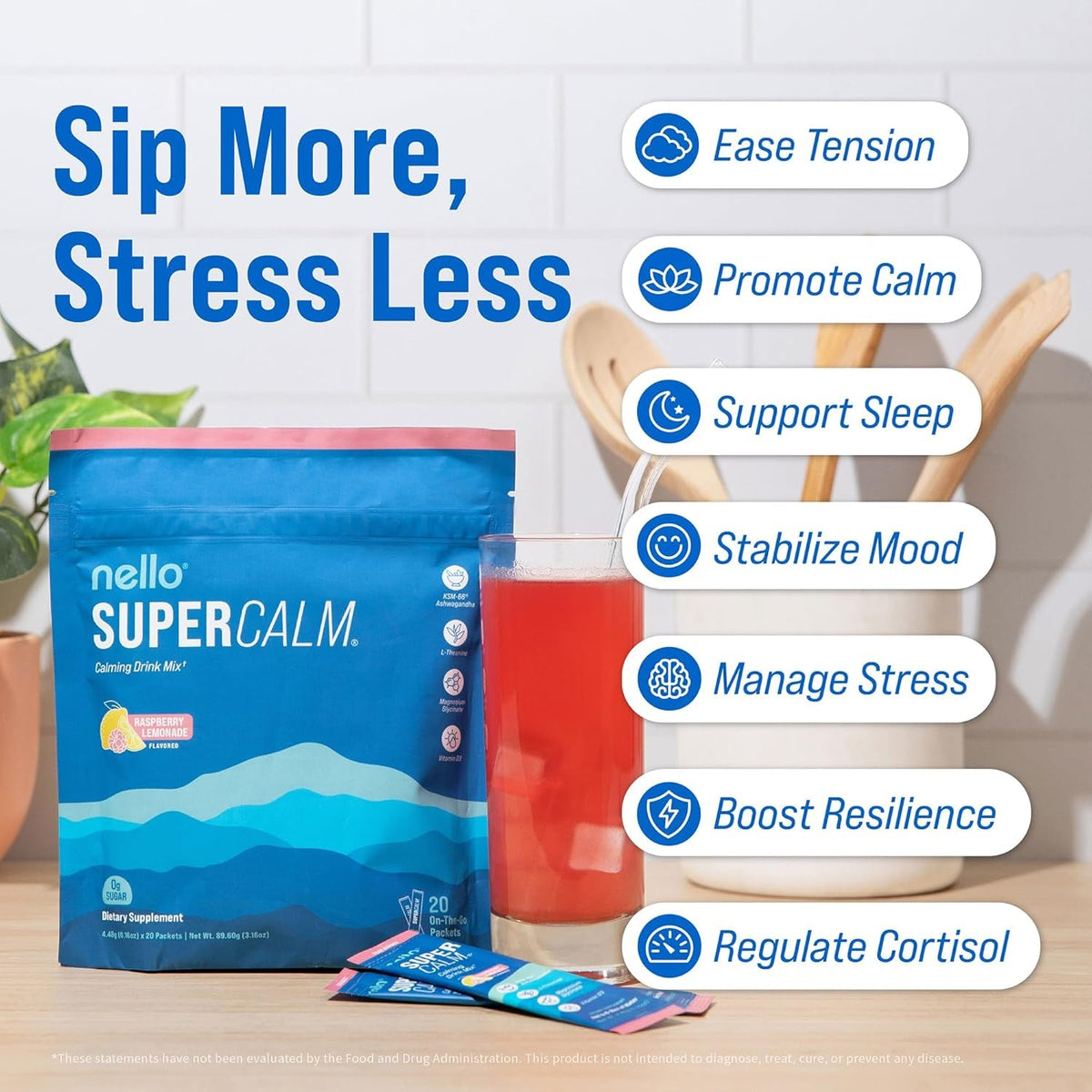 Nello Supercalm Powdered Drink Mix, Cortisol Reducer and Sleep Aid Supplement, L Theanine, Ksm-66 Ashwagandha, Magnesium Glycinate, Vitamin D 3, No Sugar, Non GMO, on the Go, 20 Ct, Raspberry Lemonade