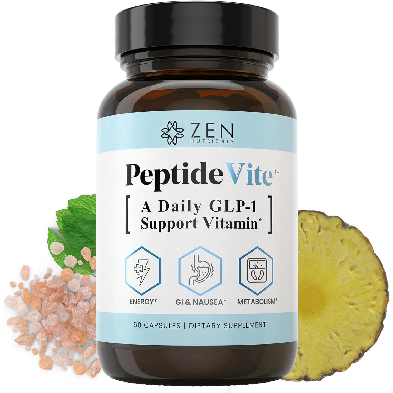 Zen Nutrients Peptidevite GLP-1 Support Vitamin for Gut Health with Probiotics, Bromelain, Chromium Picolinate & Organic Ginger (60 Capsules)