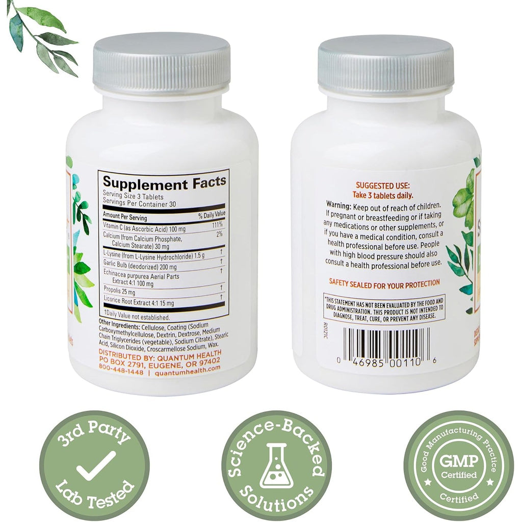 Quantum Health Super Lysine+ / Advanced Formula Lysine+ Immune Support with Vitamin C, Echinacea, Licorice, Propolis, Odorless Garlic (90 Tablets)