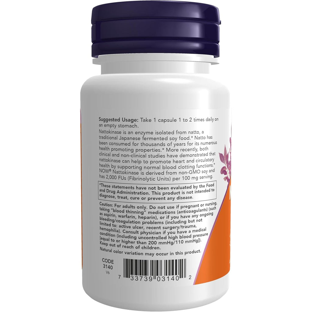 NOW Supplements, Nattokinase 100 Mg (From Non-Gmo Soy) with 2,000 Fus of Activity, 60 Veg Capsules
