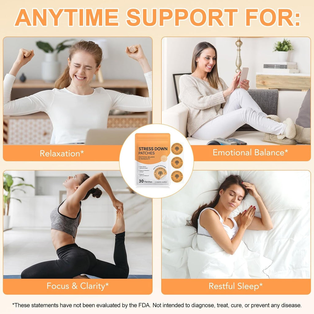 Stress down Patches - Stress & Anxiety Relief, Cortisol Level Support for Women Men, Plant-Based Formula - 30 Patches