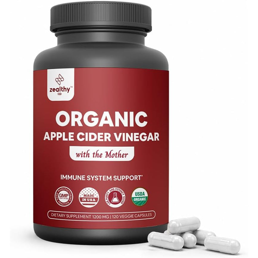 Organic Apple Cider Vinegar with the Mother – 1200Mg Capsules for Optimal Wellness, Gluten-Free, Non-Gmo, 120 Veggie Capsules – Zealthy Life
