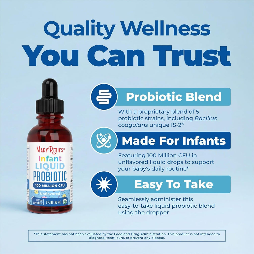 Maryruth'S Organic Infant Liquid Probiotic for Ages 6-12 Months | 100 Million CFU | 5 Probiotic Strains | Probiotics for Infants | Proprietary Probiotic Blend | USDA Organic | Vegan | Unflavored |1 Oz