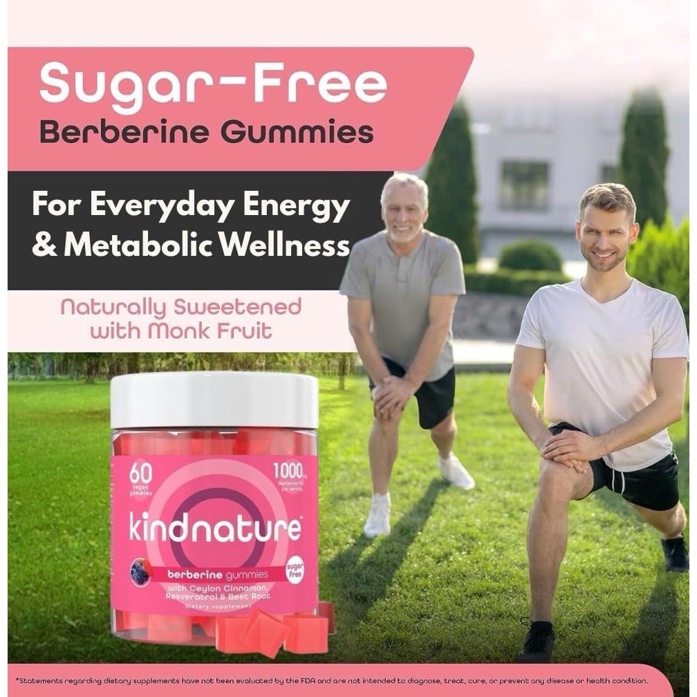 Kindnature Berberine Gummies 1000Mg with Ceylon Cinnamon & Resveratrol – 6-In-1 Blood Sugar Support Supplement – Metabolism & Weight Wellness – Sugar-Free, Vegan, Non-Gmo