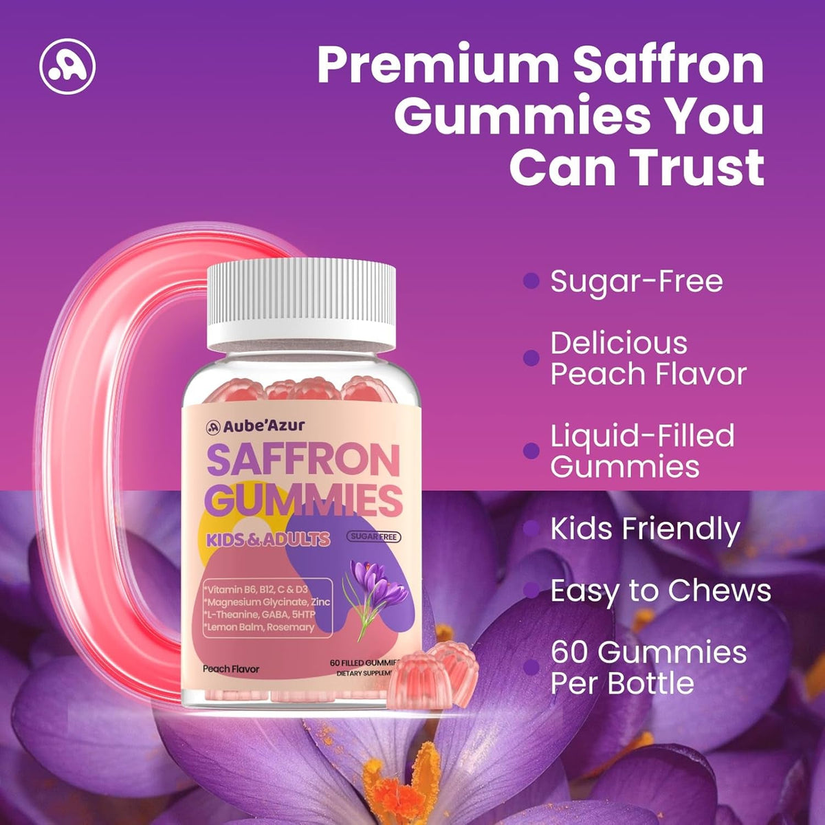 Aube'Azur Saffron Gummies for Kids, 15-In-1 Saffron Supplements for Kids, with B6, B12, C, D3, Magnesium Glycinate, Zinc for Nerve, Rest, Focus, Sugar Free, Vegan, Non- GMO, Peach Flavor, 60 Count