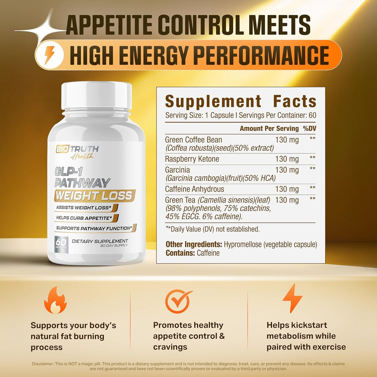 GLP-1 Biotruth Health | Assists Metabolic Pathways Linked to GLP-1 Signaling - Promotes Weight Loss for Women & Men, Helps Appetite Control & Promotes Energy - 3Rd Party Tested Supplement - 60 Pills