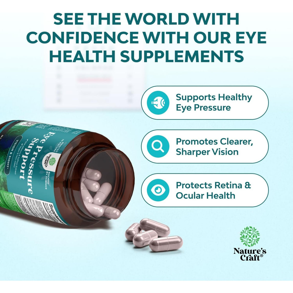 Natures Craft Eye Pressure Support with Bilberry Extract - Vegan Eye Health Supplement for Adults for Ocular Pressure Relief with Saffron Ginkgo Niacin and More Vitamins Vision Support - 30 Count