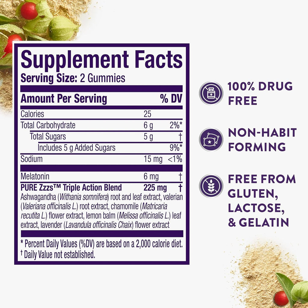 Zzzquil PURE Zzzs Triple Action, Melatonin Gummies, Melatonin 6Mg, 3X Melatonin, Sleep Aid with Ashwagandha, Calm Mood, Antioxidant Action, Sleep Aids for Adults, 60 Sleep Gummies