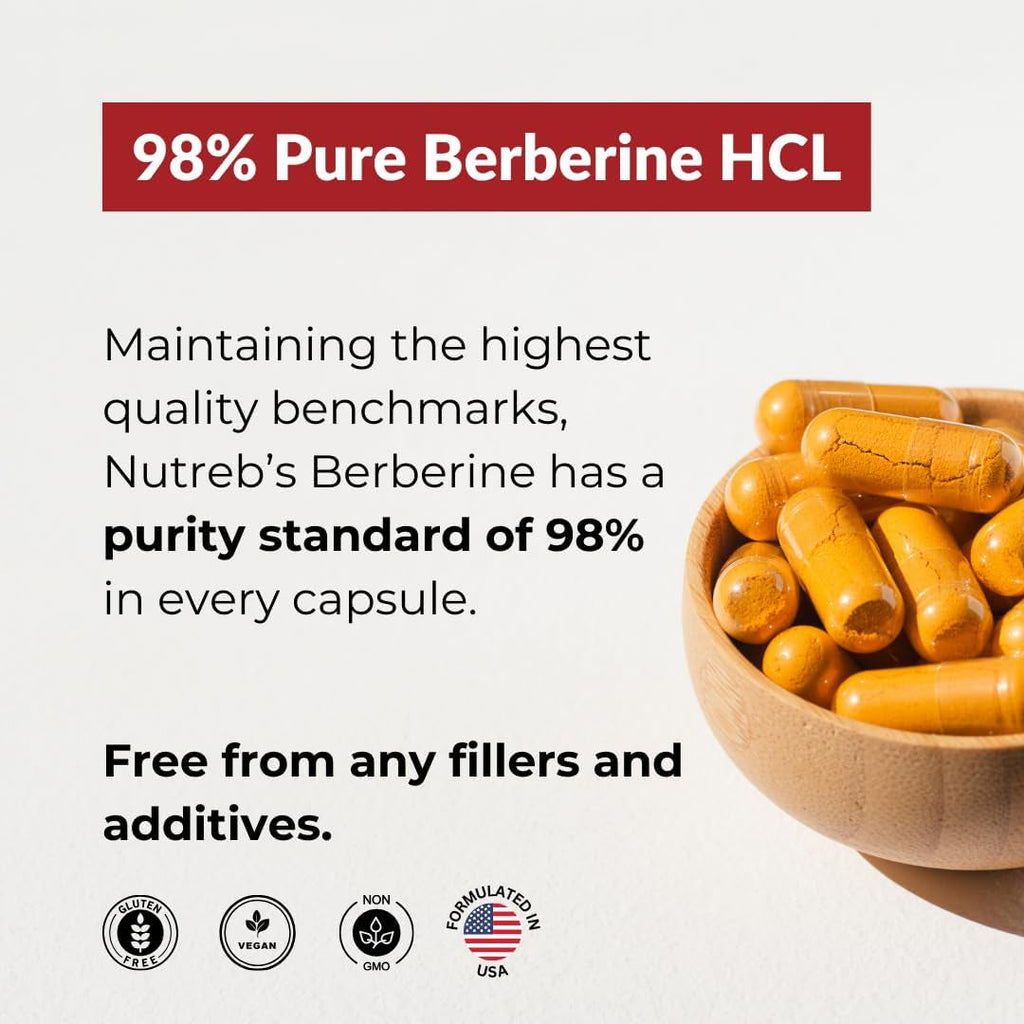 Nutreb Berberine Supplement 1200Mg - 5X Higher Absorption - Ultra Pure 98% Berberine HCL - Healthy Weight Management, Immune Support - Non GMO, Manufactured in USA - 60 Vegan Capsules