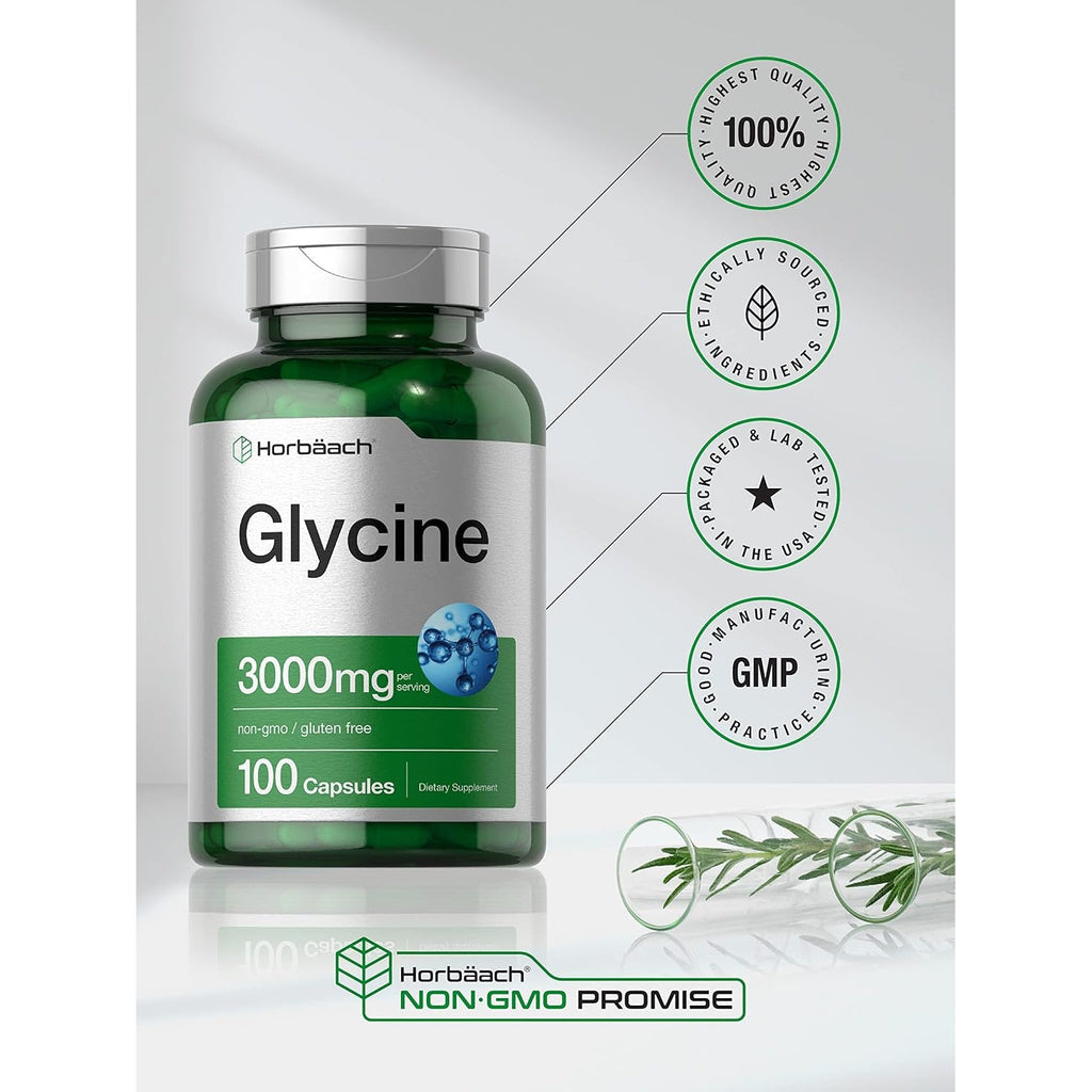 Horbäach Glycine 3000Mg Supplement | 100 Powder Capsules | Free Form Amino Acid | Non-Gmo, Gluten Free Supplement