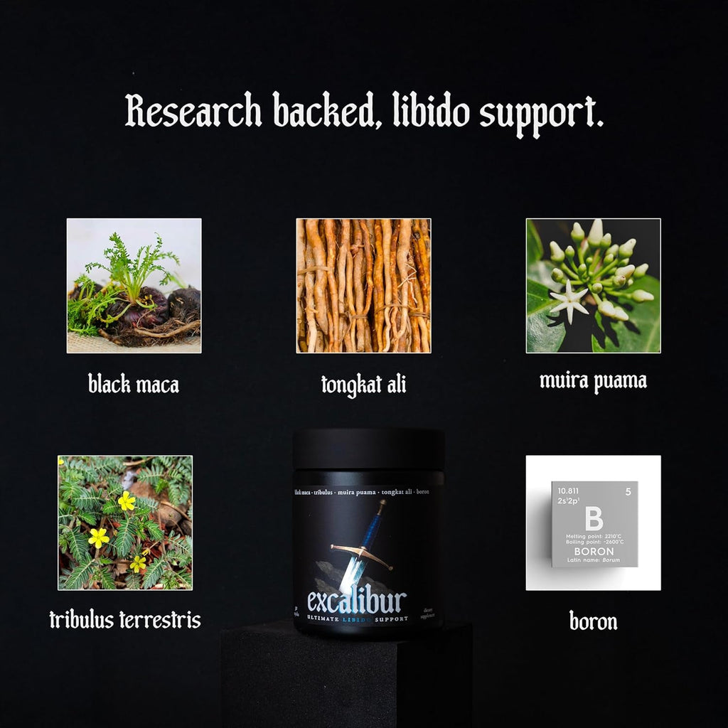 Excalibur - Libido Booster | Testosterone, Hormone & Libido Support for Men | Black Maca, Muira Puama, Tribulus Terrestris, Tongkat Ali, & Boron | One Month Supply, Boost Drive, Desire, and Blood Flow