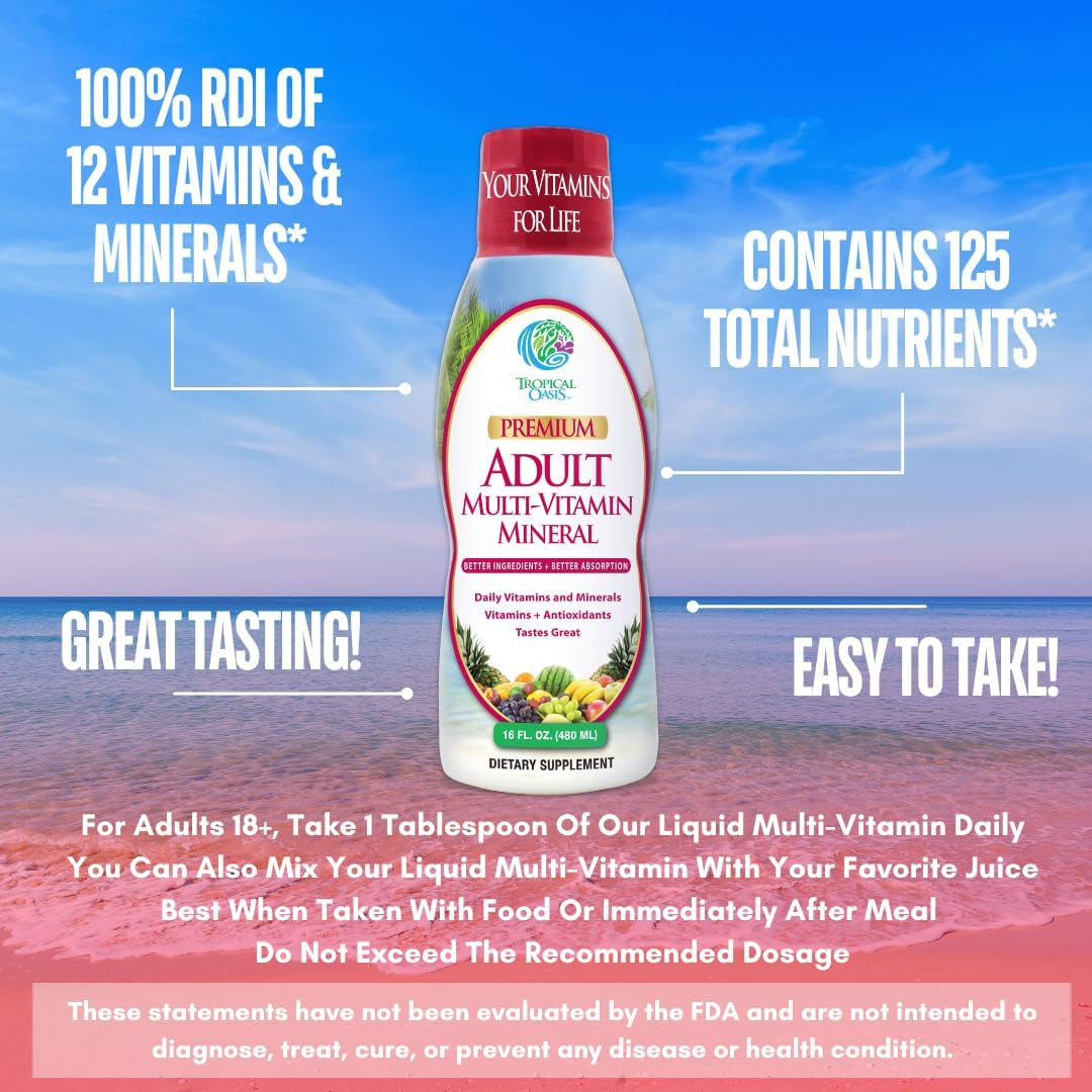 Tropical Oasis Adult Liquid Multivitamin -Liquid Multi-Vitamin and Mineral Supplement with 125 Total Nutrients Including; 85 Vitamins & Minerals, 23 Amino Acids, and 18 Herbs - 16 Fl Oz, 32 Serv
