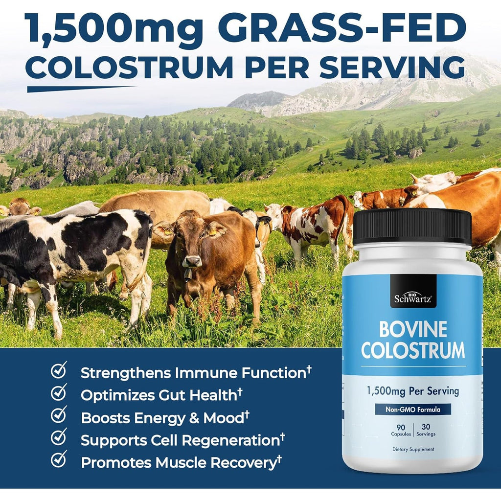 Colostrum Supplement Extra Strength 1500Mg per Serving - Grass Fed Colostrum Capsules from Bovine First Milking, Supports Gut Health and Immunity for Women and Men - Non-Gmo, Gluten Free, 90 Count