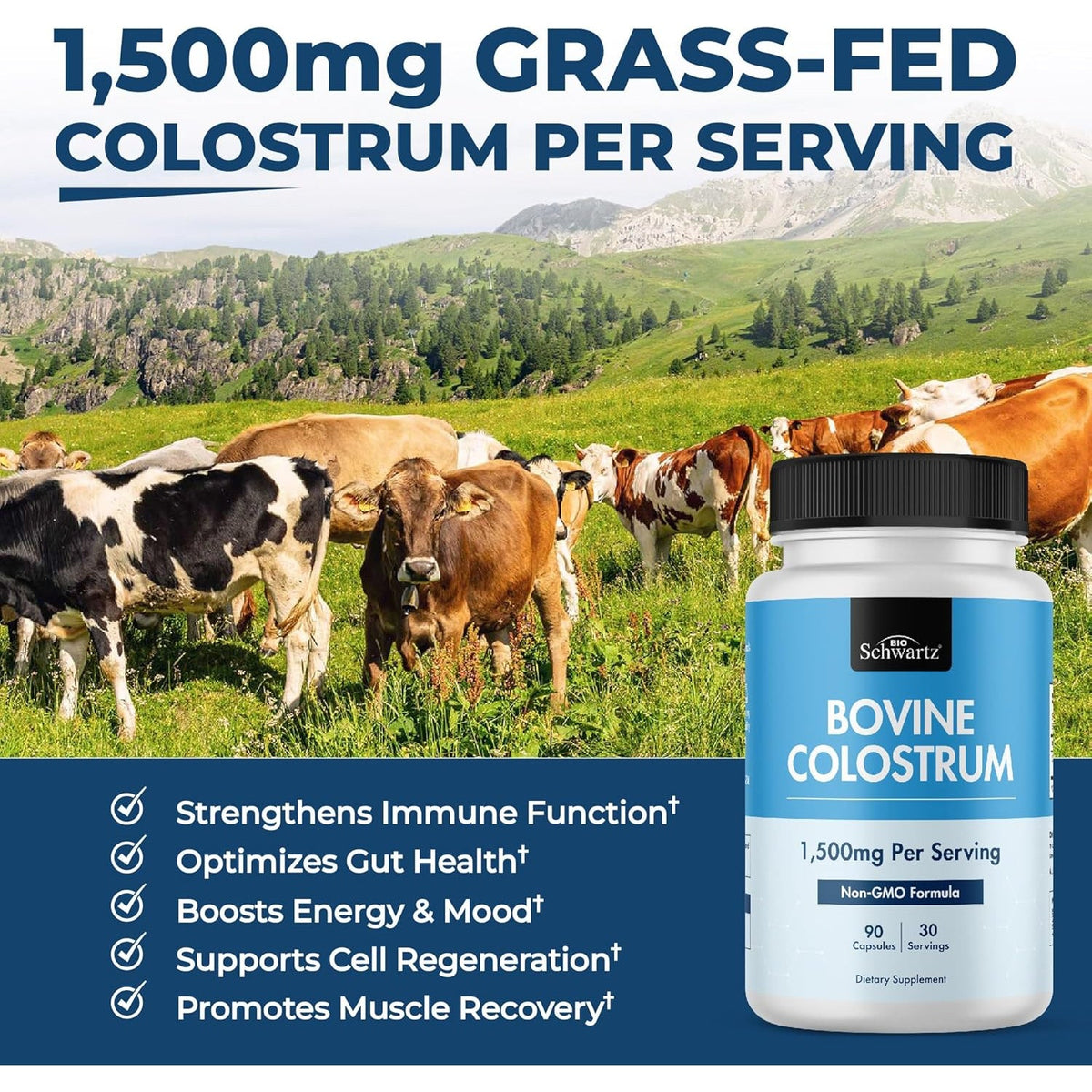Colostrum Supplement Extra Strength 1500Mg per Serving - Grass Fed Colostrum Capsules from Bovine First Milking, Supports Gut Health and Immunity for Women and Men - Non-Gmo, Gluten Free, 90 Count