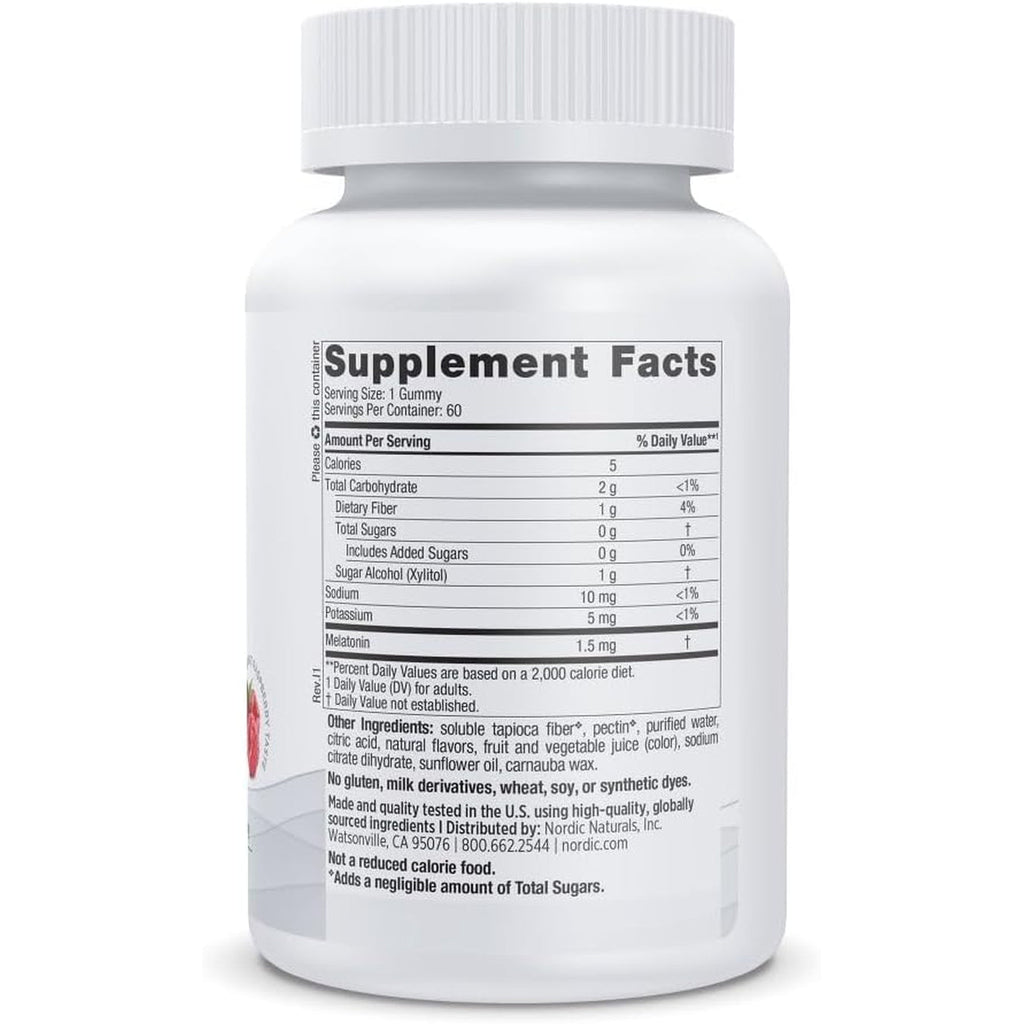 Nordic Naturals Zero Sugar Melatonin Gummies, Raspberry - 60 Gummies - 1.5 Mg Melatonin - Great Taste - Restful Sleep, Antioxidant Support - Non-Gmo, Vegan - 60 Servings