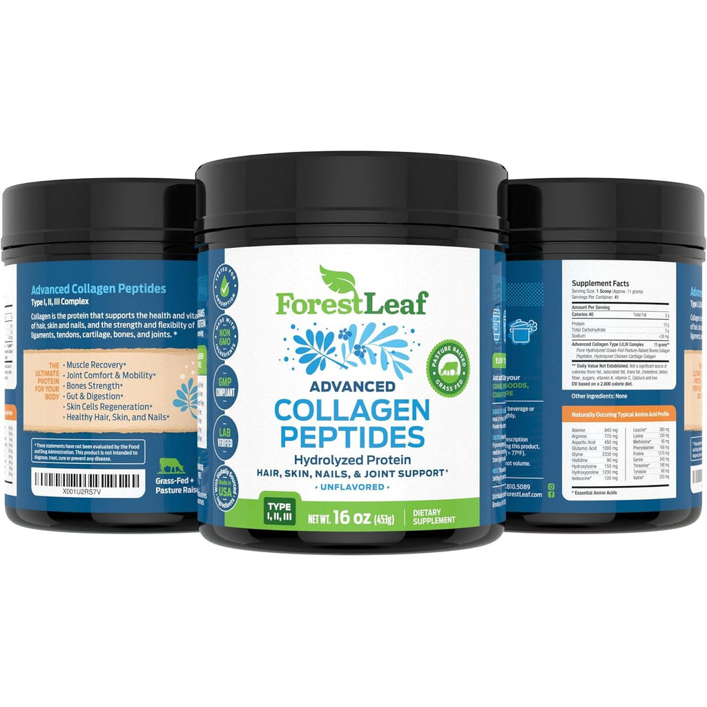 Forestleaf Collagen Peptides Powder Unflavored - Hydrolyzed Grass Fed Keto Collagen Protein Powder Type 1, 2 & 3 - Vital Hair, Skin, Nails, Joints, Recovery, 11G per Serving