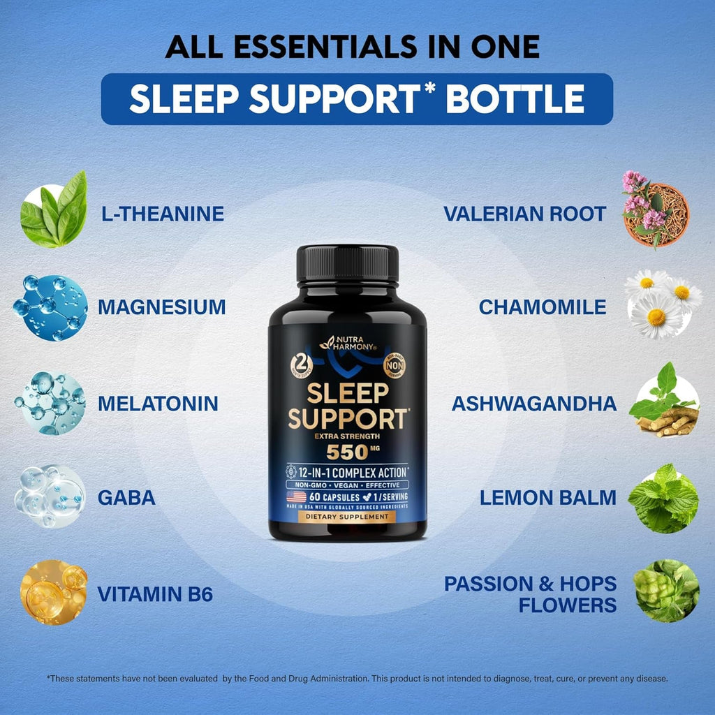 Sleeping Pills for Adults 550Mg - Melatonin 3Mg | Valerian Root for Sleep | L-Theanine | Magnesium - Natural Sleep Aid Supplement - Non-Habit Forming Rest Support - Lab Tested - 1/Day, 2 Month Supply