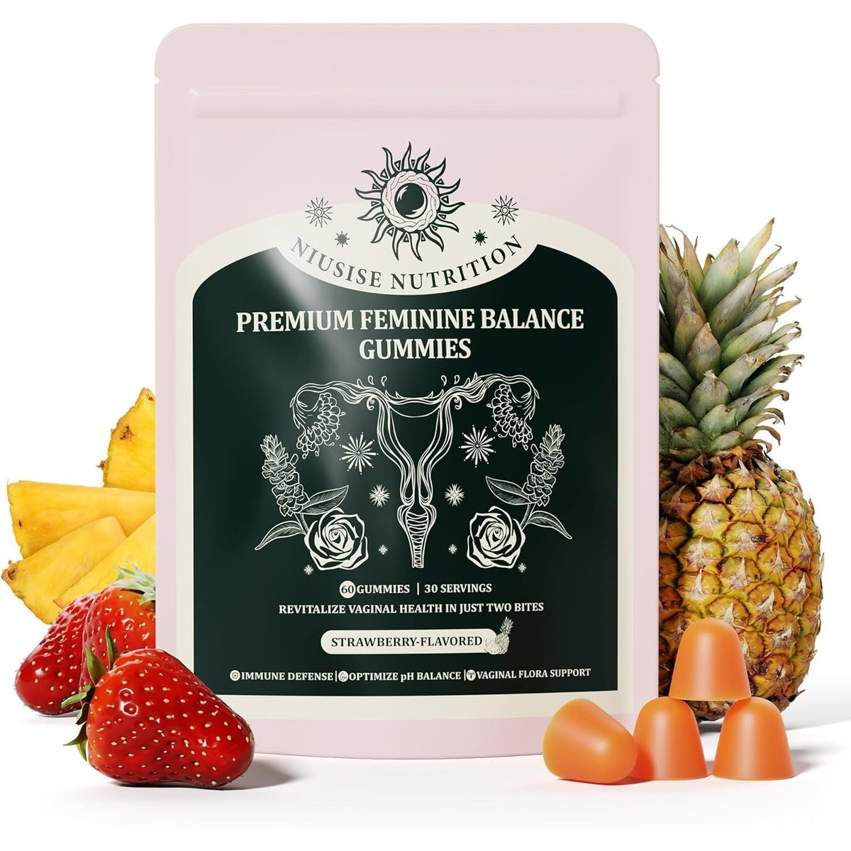 NIUSISE Feminine Balance Gummies, Premium Balance Supplement for Women PH Health, Immune Support, Vegan, Gluten-Free - Hawaiian Pineapple - 120 Gummies - 60 Servings 2 Pack.