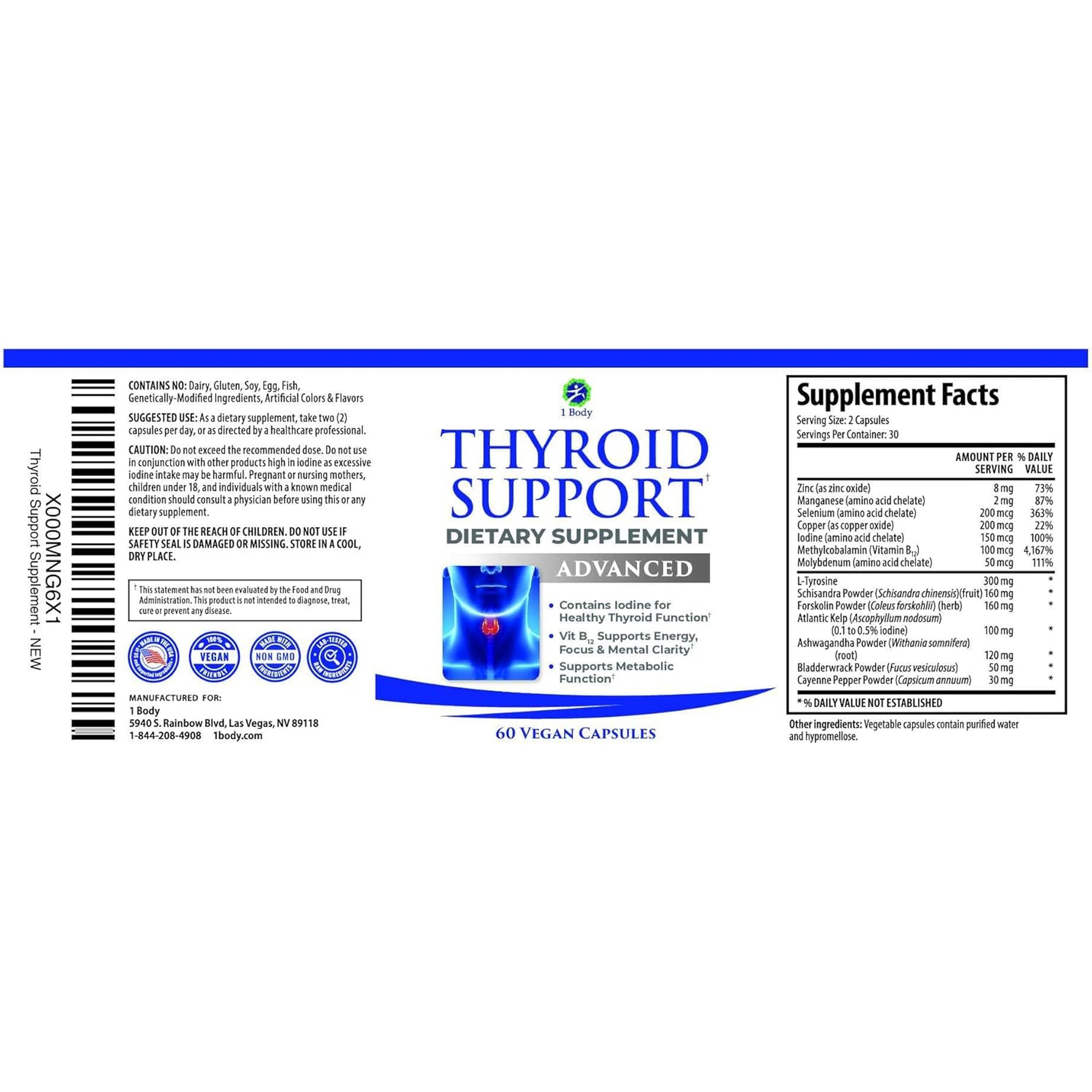 1 Body Thyroid Support Supplement for Women and Men, Selenium with Iodine, Zinc, B12, Ashwagandha and L-Tyrosine, Supports Hormone Health, Energy and Metabolism, 30 Day Supply