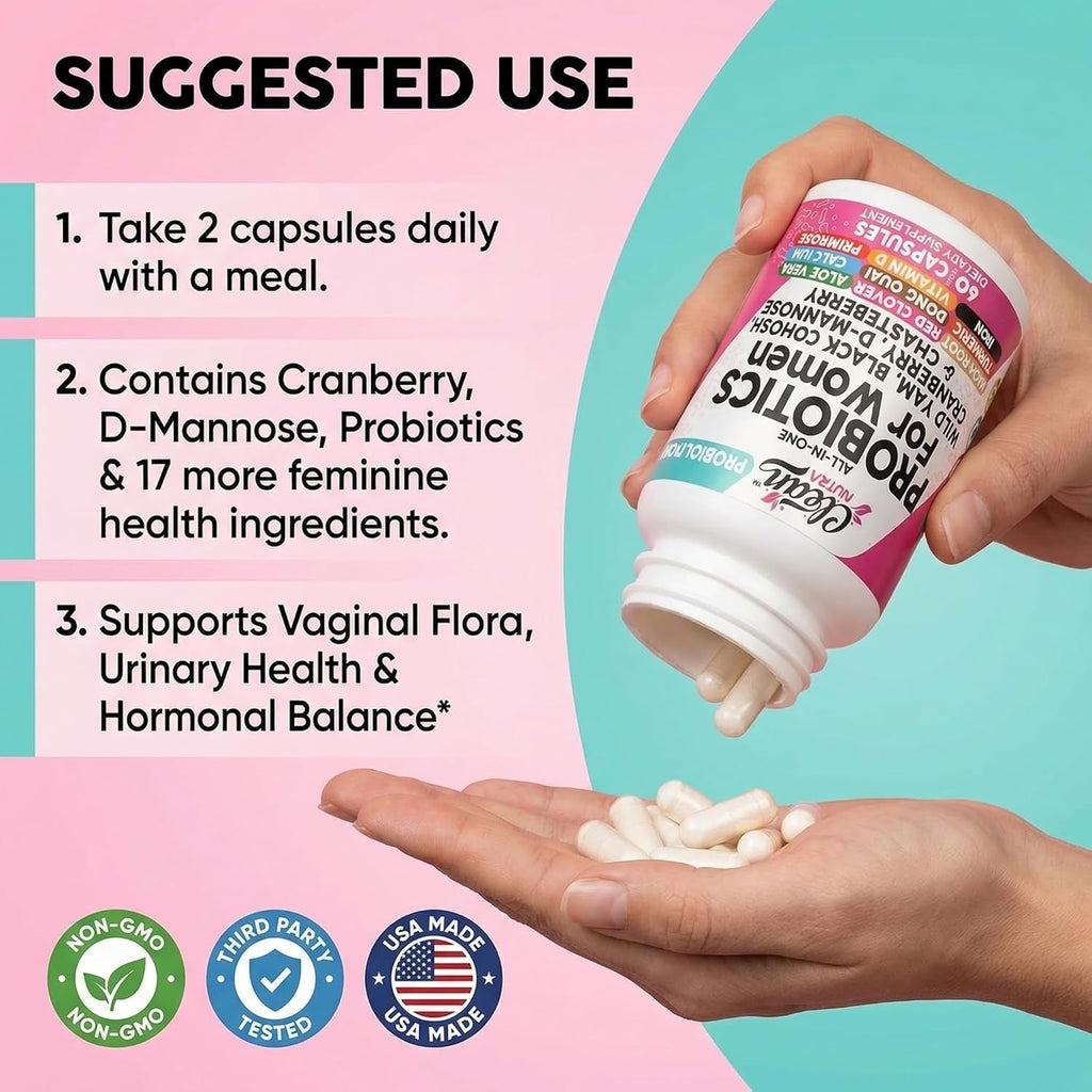 Clean Nutraceuticals Probiotics for Women with D Mannose, Cranberry Extract, Wild Yam, Chasteberry - 20 Probiotic and Prebiotic Strains - PH Balance, Womens Probiotic for Digestive Health - 60 Count