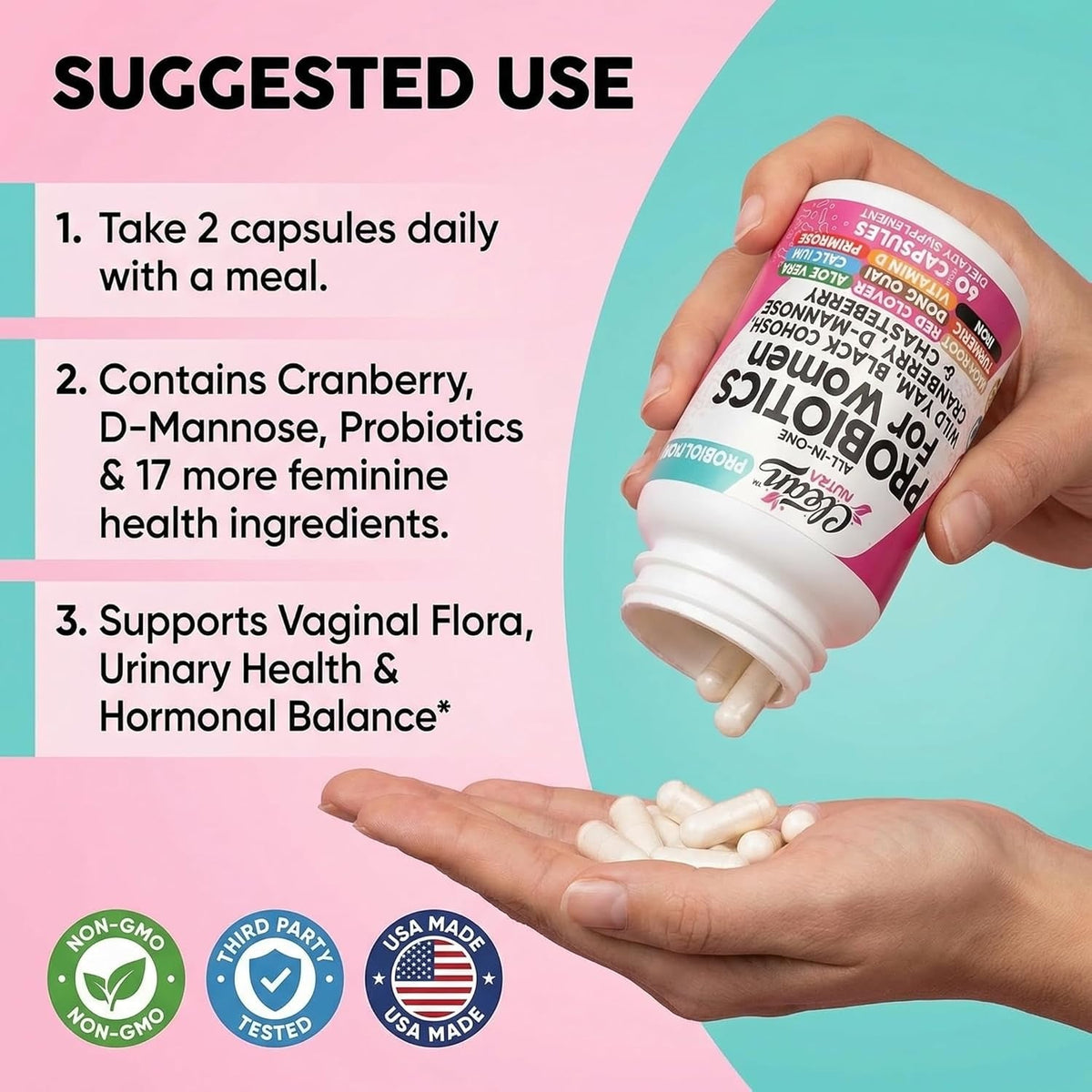 Clean Nutraceuticals Probiotics for Women with D Mannose, Cranberry Extract, Wild Yam, Chasteberry - 20 Probiotic and Prebiotic Strains - PH Balance, Womens Probiotic for Digestive Health - 60 Count