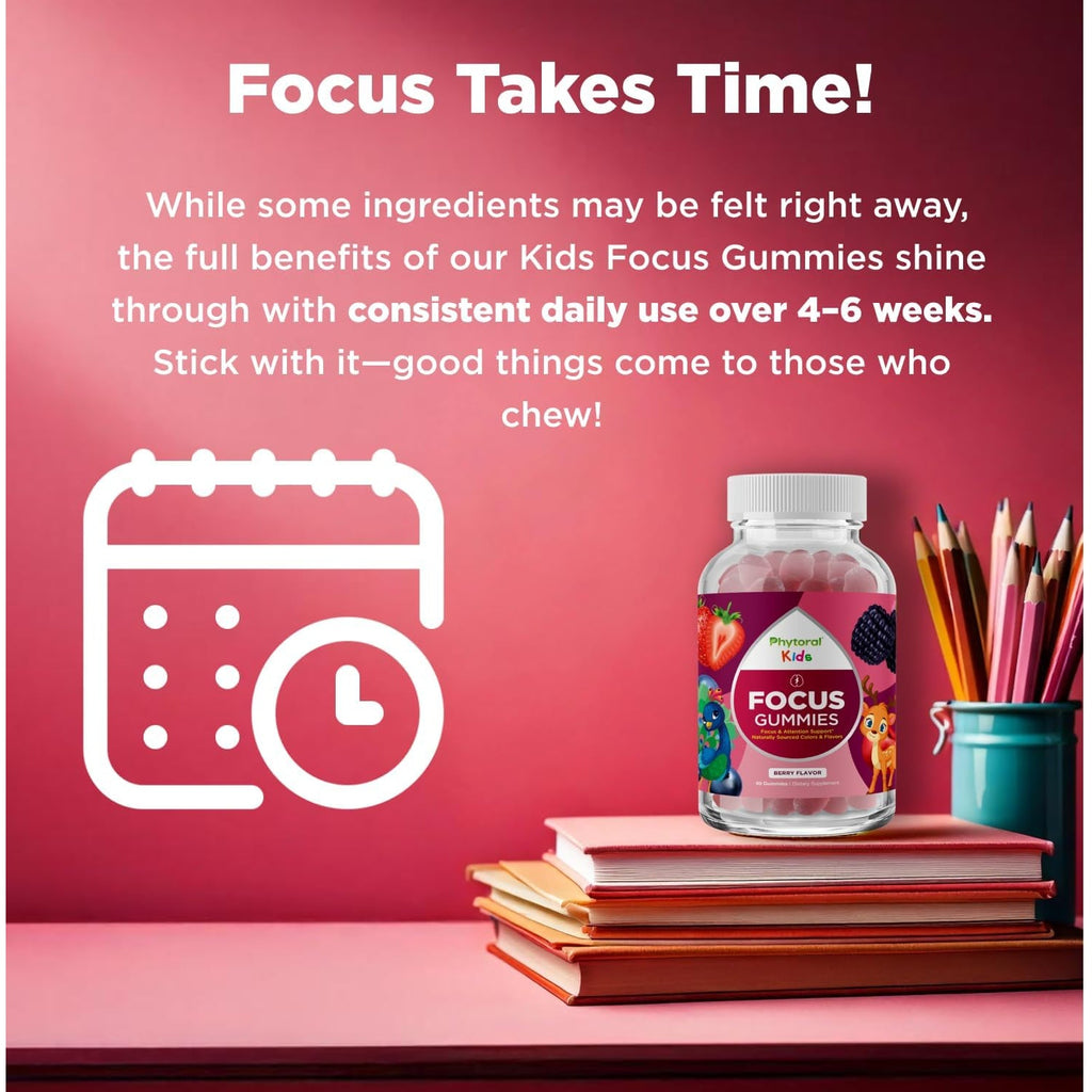 Phytoral Vegan Kids Focus Gummies - Potent Chewable Brain Support for Children - Enhances Concentration & Memory - Calming Supplements & Focus Gummies for Kids - Non-Gmo & Gluten-Free - 60 Count