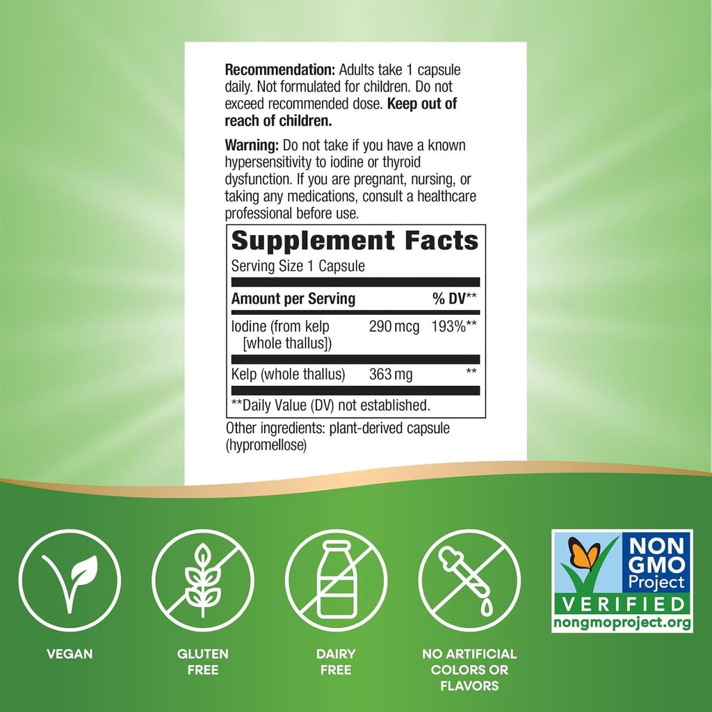 Nature'S Way Kelp - Kelp Supplement for Thyroid Function Support* - Botanical Ingredient - Plant-Derived Capsule - Plant-Sourced Iodine - Vegan, Gluten-Free & Dairy-Free - 180 Count (180 Servings)
