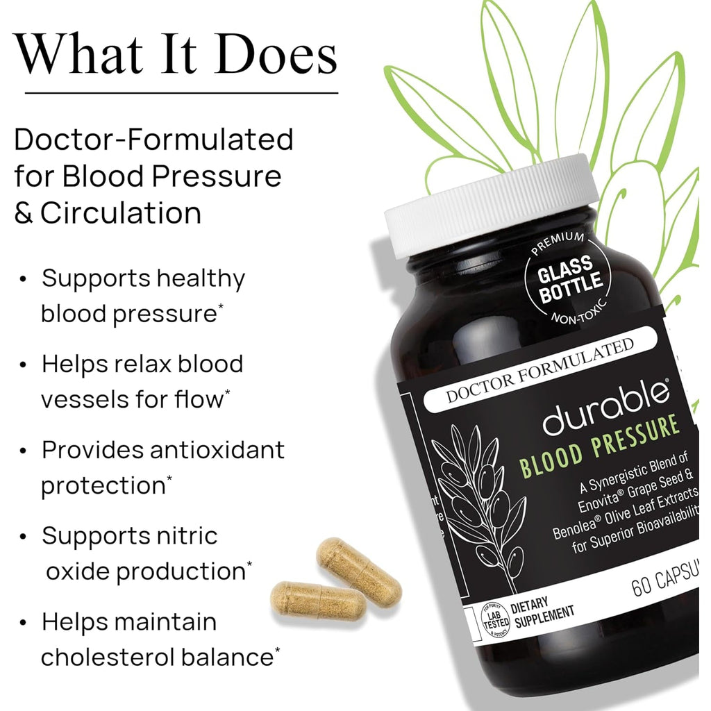 Durable Blood Pressure – Benolea Olive Leaf & Enovita Grape Seed Extract – Healthy Circulation, Nitric Oxide & Artery Support – Doctor Formulated, Vegan, Non-Gmo, Made in USA (60 Capsules)