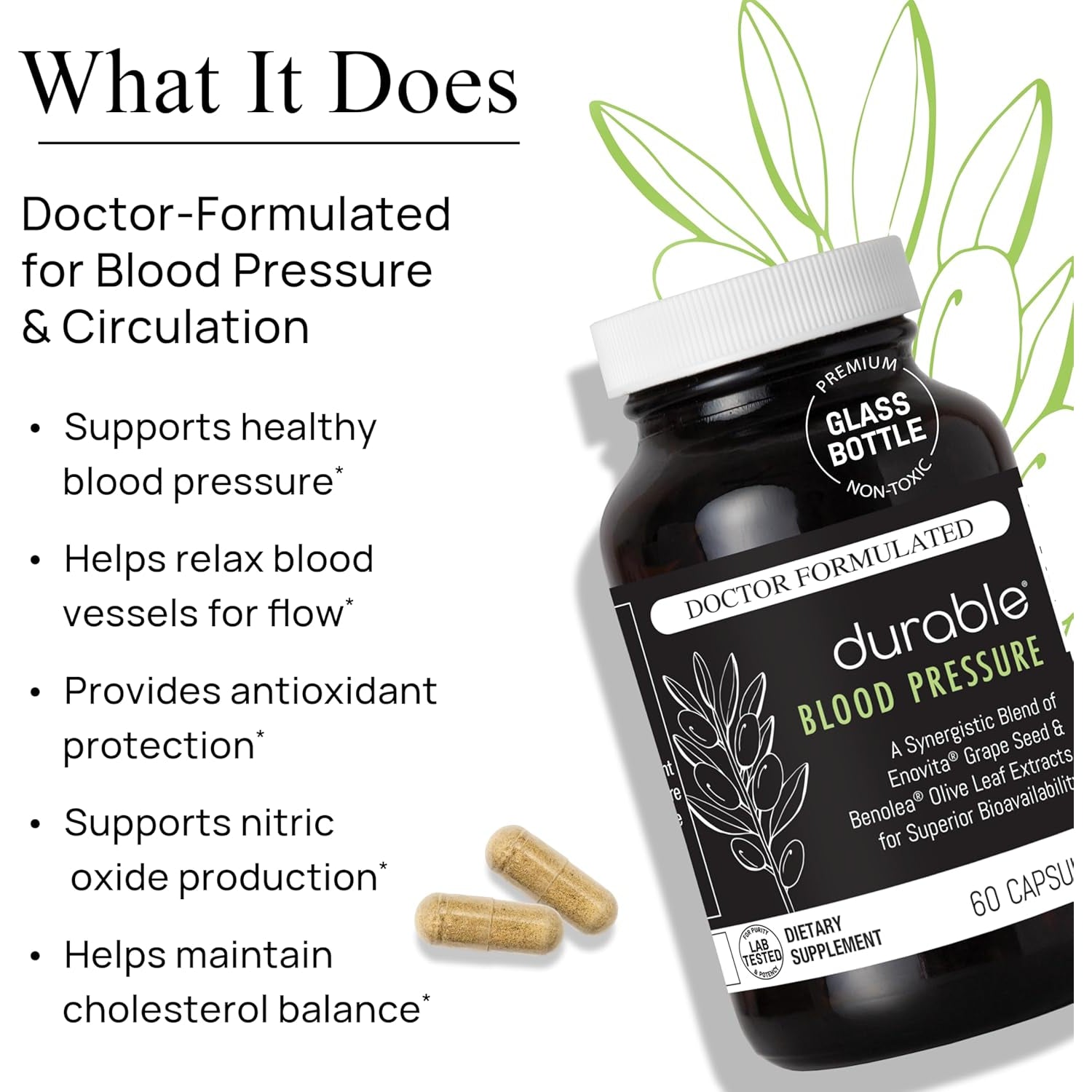 Durable Blood Pressure – Benolea Olive Leaf & Enovita Grape Seed Extract – Healthy Circulation, Nitric Oxide & Artery Support – Doctor Formulated, Vegan, Non-Gmo, Made in USA (60 Capsules)