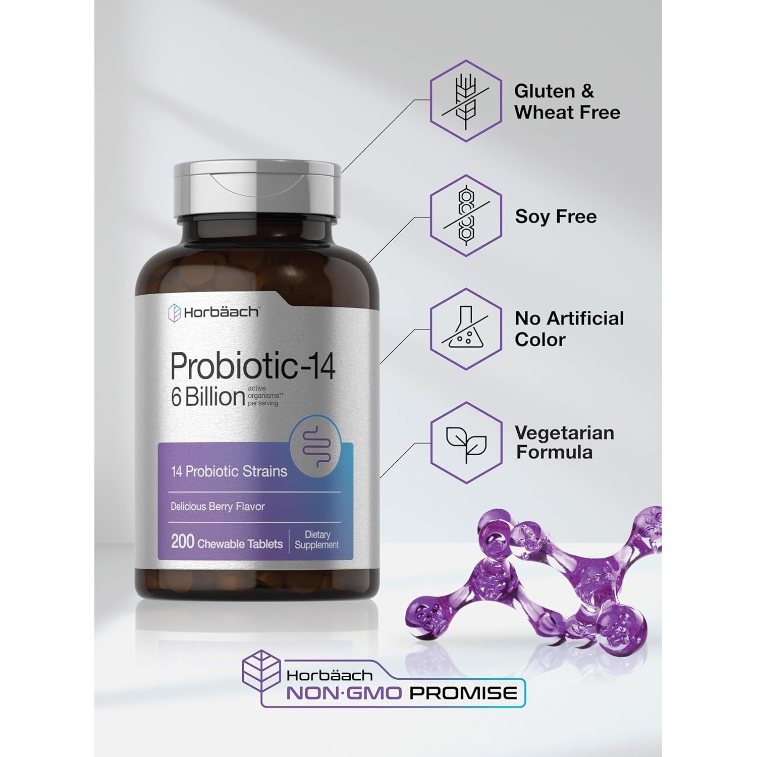Horbäach Probiotics 6 Billion Cfus | 200 Chewable Tablets | Berry Flavor | 14 Probiotic Strains | Vegetarian, Non-Gmo & Gluten Free Supplement for Men & Women