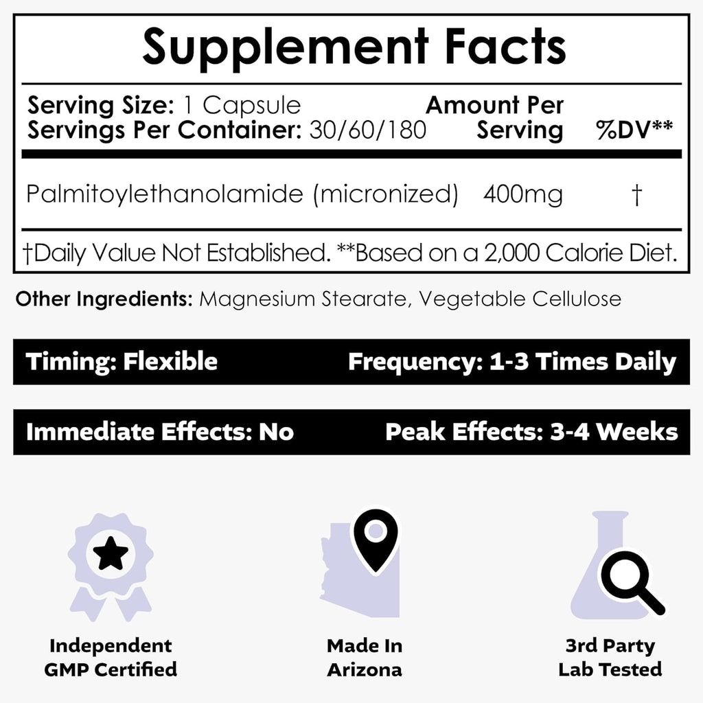 Nootropics Depot Palmitoylethanolamide Capsules | Pea | 400Mg Pills | 180 Count | Provides Discomfort Support | Promotes Healthy Joint Function