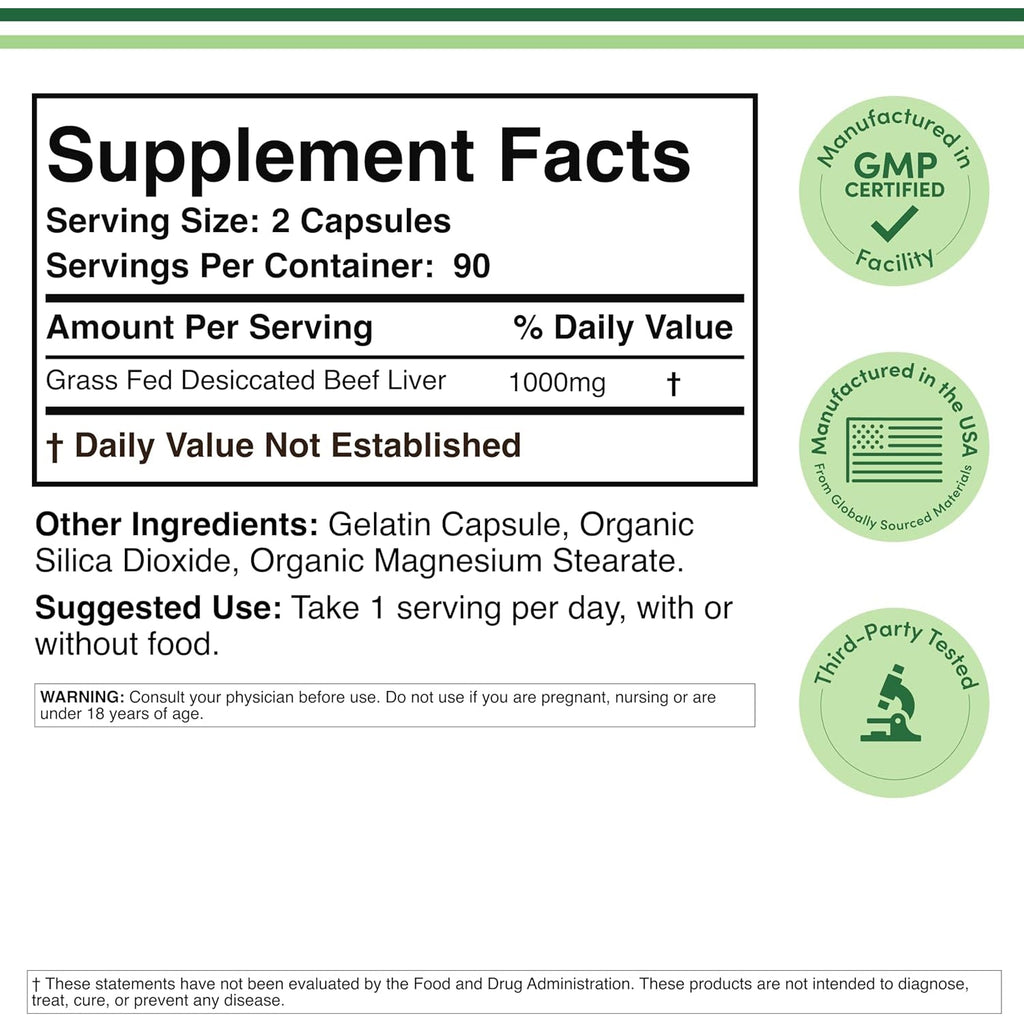 Grass Fed Beef Liver Capsules (1,000Mg of Grass Fed, Desiccated Beef Liver per Serving, 180 Capsules, 3 Month Supply) Supplement for Digestion, Immune Health, Energy, and Wellness by Double Wood