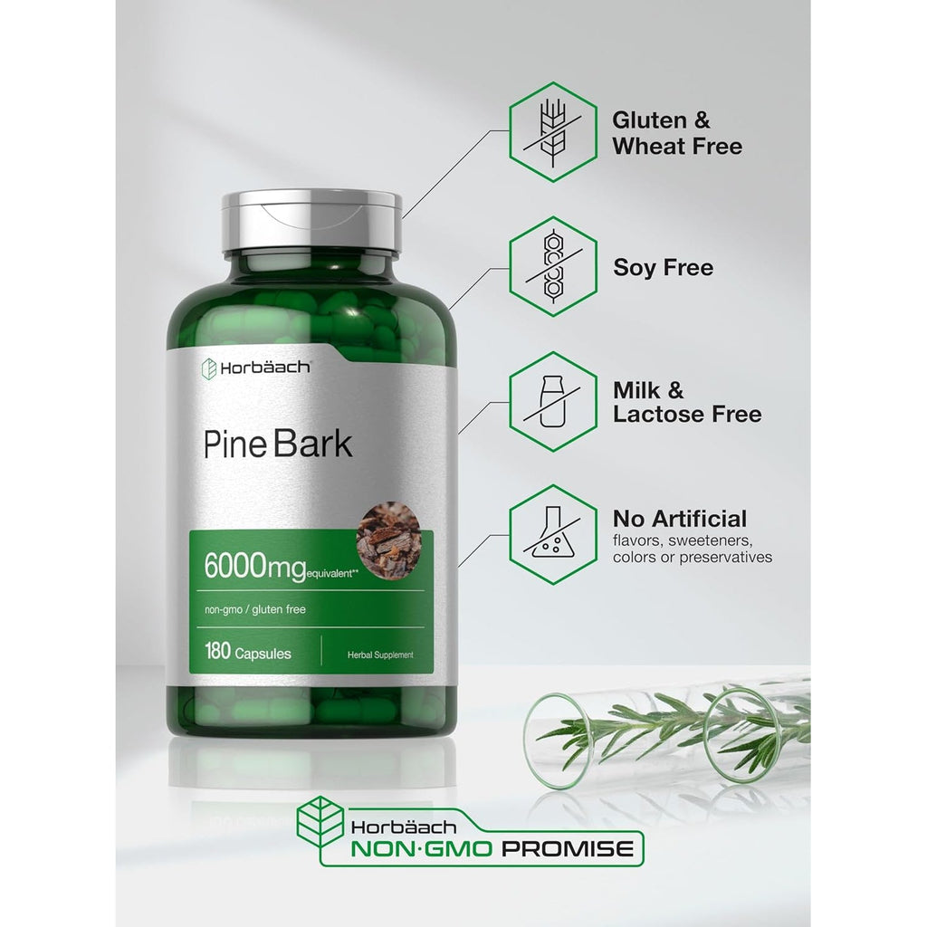 Horbäach Pine Bark Extract | 180 Capsules | Standardized to Contain 75% Proanthocyanidins | Non-Gmo, Gluten Free Supplement | High Potency