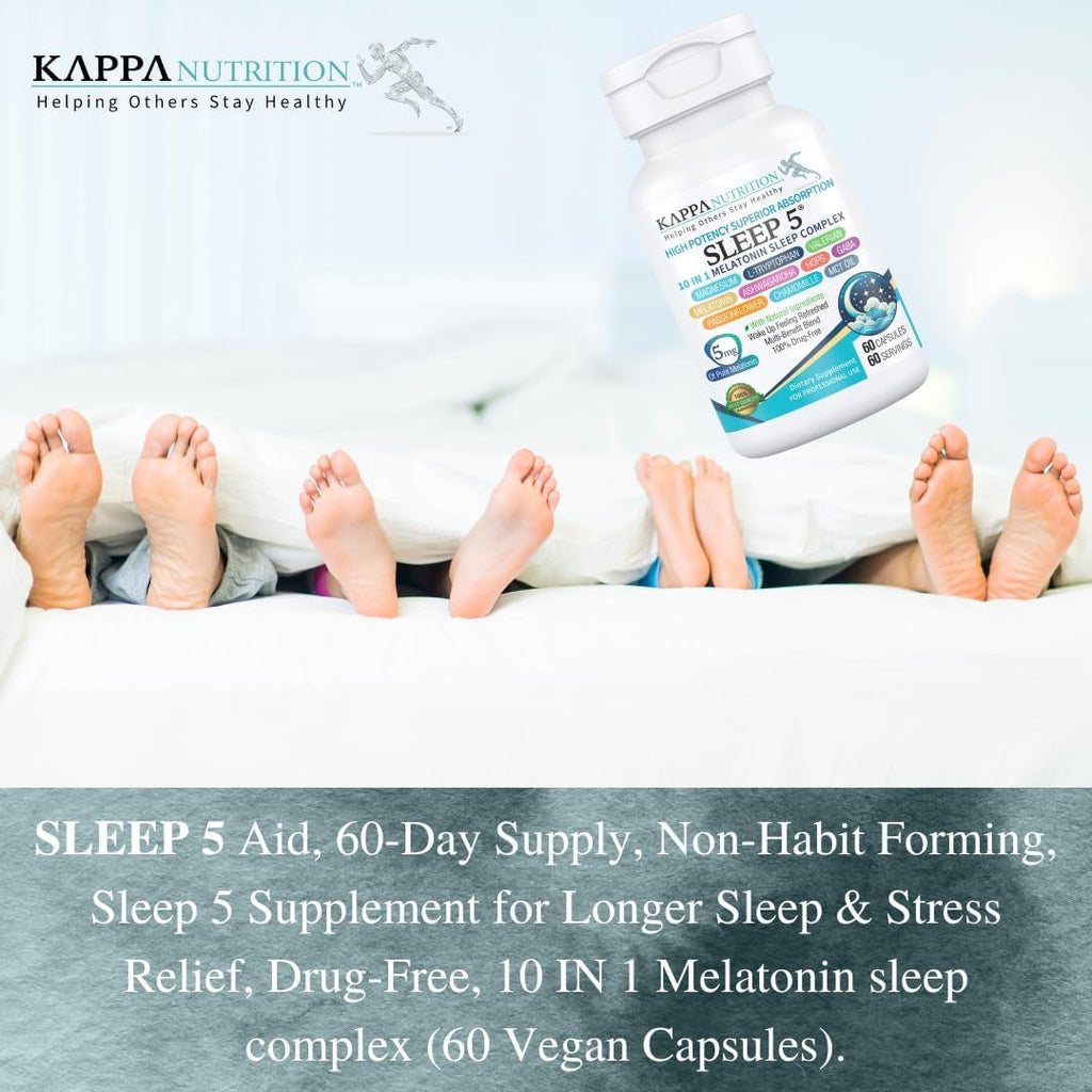 KAPPA NUTRITION Sleep 5, Sleep Aid, 5Mg of Melatonin, 60-Day Supply, Non-Habit Forming Vegan Capsules Natural Ingredients for Easier Bedtime, Herbal Supplement, Valerian Root, Chamomile Non-Gmo