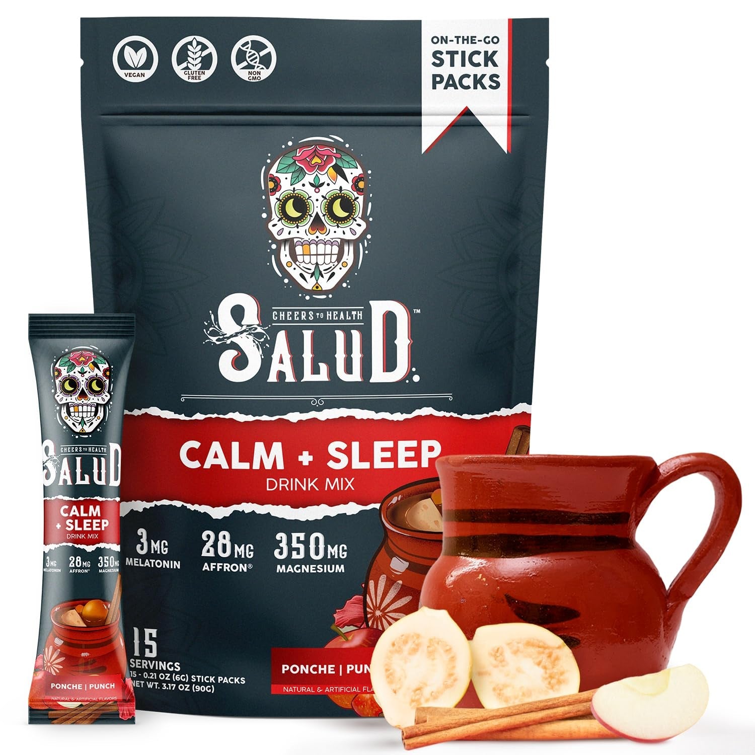 Salud 2-In-1 Sleep Aid + Calm Drink Mix, Punch Ponche Flavor, Melatonin, Magnesium, Saffron Extract, L-Theanine, Non-Gmo, Gluten Free, Vegan, Low Calorie, 1G of Sugar (15 Servings)