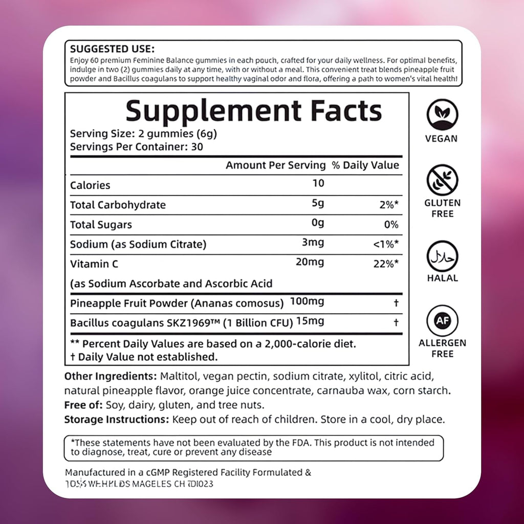 Feminine Balance Gummies, Premium Feminine Balance Gummies, Vegan Hawaiian Pineapple, Vaginal Health Support, Gluten-Free, 60 Gummies (1)