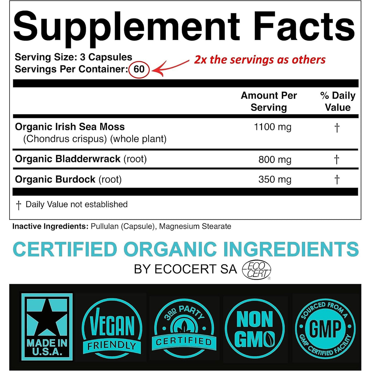 SPARTIS Certified Organic Sea Moss Capsules 2250Mg Wildcrafted Irish Sea Moss Burdock Root Bladderwrack Supplement Raw Seamoss Pills & Powder (Pack of 1 at 180-Caps)