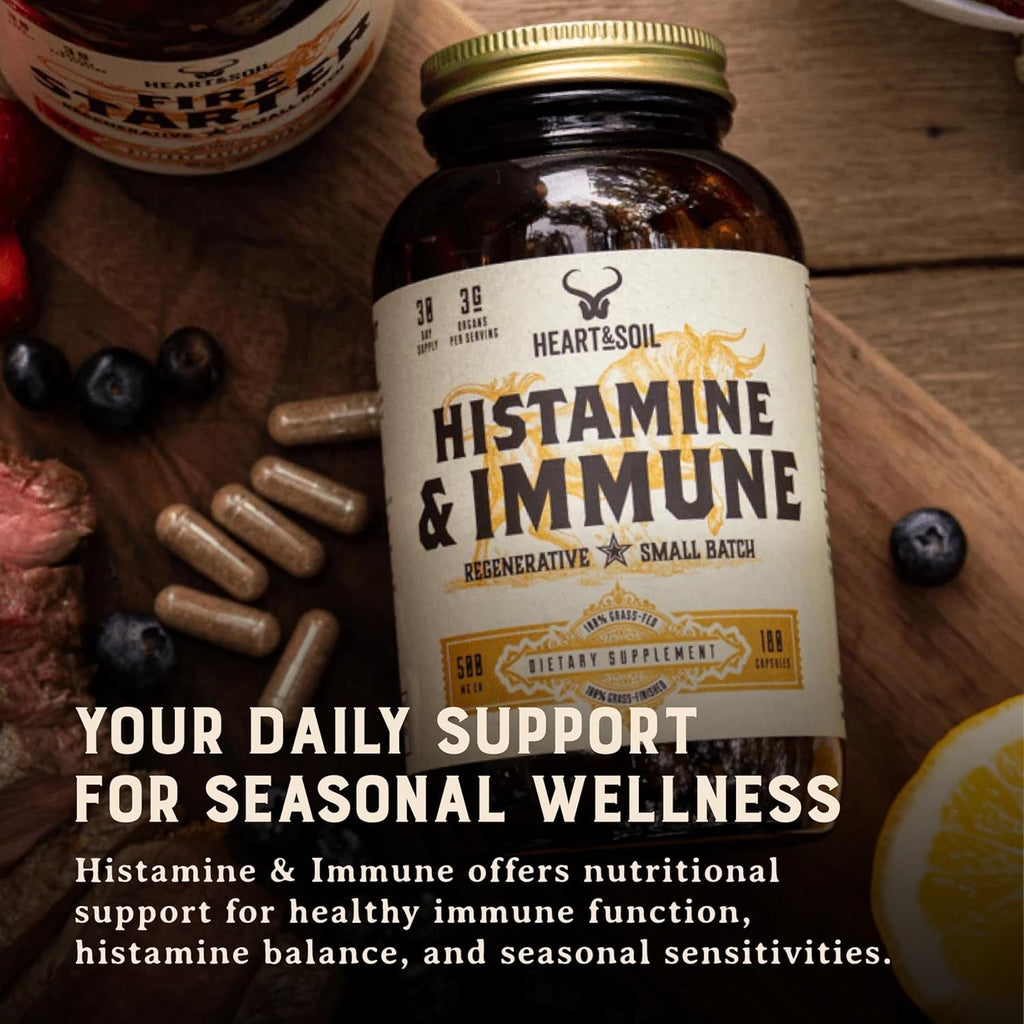 HEART & SOIL – 100% Grass Fed & Finished Histamine & Immune Support Supplement from Regenerative Cattle with Thymus, Lung, Spleen, Liver, & Kidney – Immune Defense – Glass Bottle – 180 Capsules