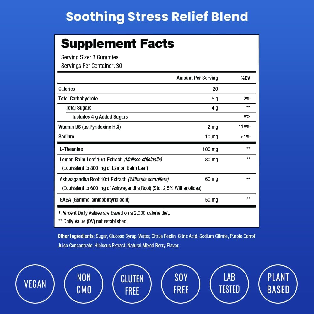 Nutrachamps Calm Gummies, Stress Gummies Supplement with Ashwagandha, L-Theanine, GABA, Vitamin B6 & Lemon Balm, Supports Mood, Focus & Stress Relief, Natural Berry, 90 Gummies