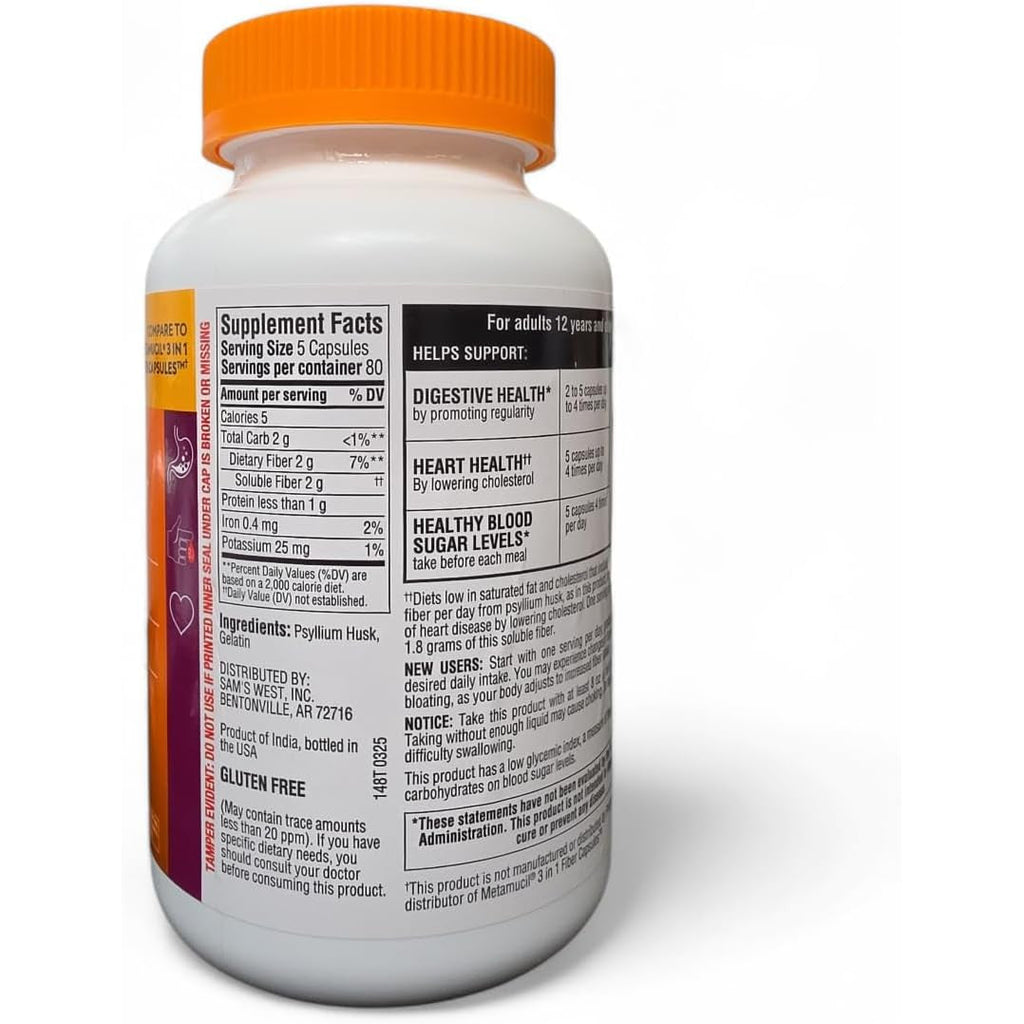 Member'S Mark 100% Natural Psyllium Husk Fiber Capsules, Digestive Health, 400 Count (Pack of 1)