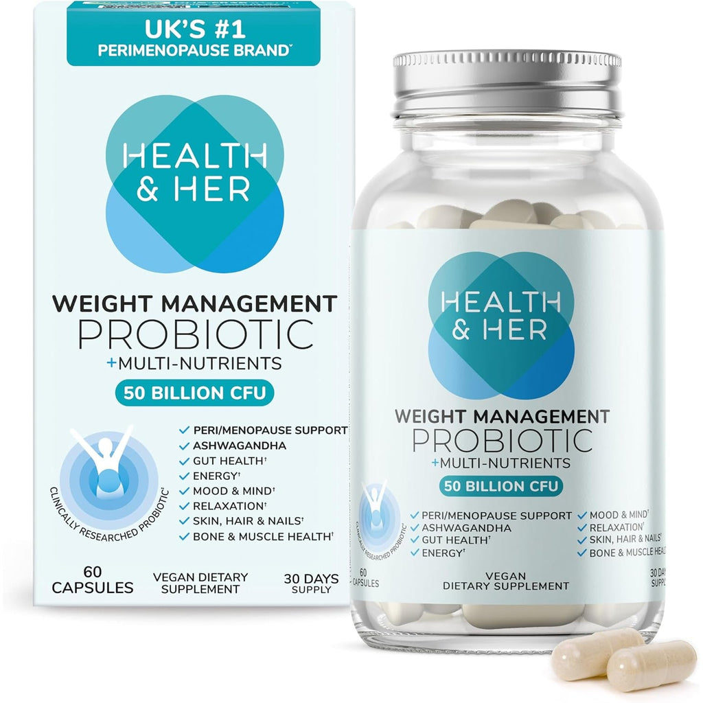 Health & Her Weight Management Probiotics for Women - Perimenopause & Menopause Supplement - Clinically Studied 50Bn CFU Probiotics to Support Gut Health, Energy, Mood & Mind, Vegan (60 Ct - 1 Month)