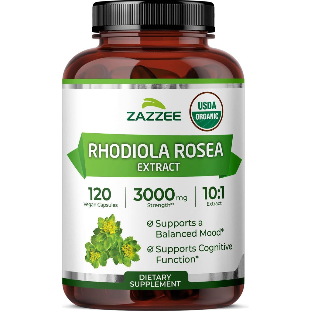 Zazzee USDA Organic Rhodiola 10:1 Extract, 120 Capsules, 4 Month Supply, Rhodiola Rosea, Energy, Stress & Mental Focus Support, Concentrated 10X Extract, All-Natural, Non-Gmo, Made in the USA