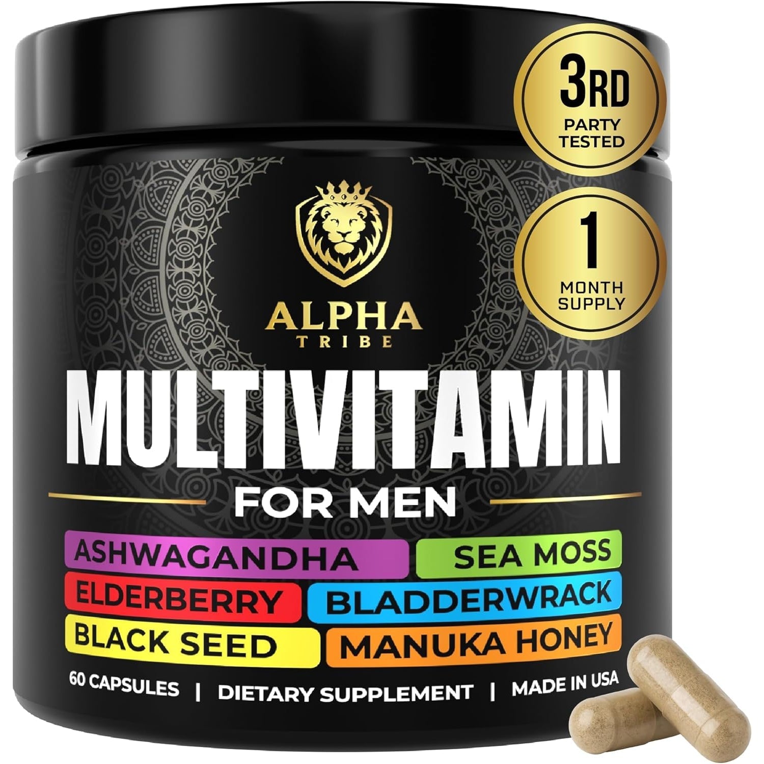 Alpha Tribe Multivitamin for Men with Seamoss Black Seed Oil Ashwagandha Burdock Root, Turmeric Bladderwrack, Vitamin C, Elderberry, Manuka, Yellow Dock | Daily Men'S Vitamins and Minerals Supplement