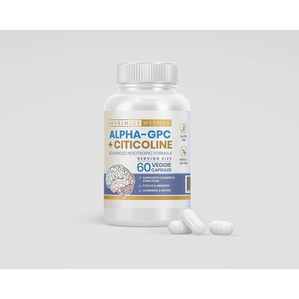 Alpha GPC + Citicoline 60 Ct, 1600Mg Concentrated Formula- 99%+Highly Purified & Bioavailable Nootropic-Cognitive Enhancer, Supports Memory, Brain Function, Boosts Focus, Mood & Energy