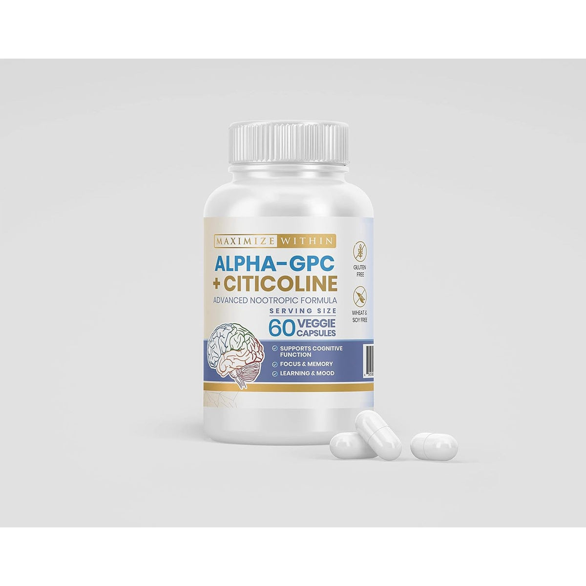 Alpha GPC + Citicoline 60 Ct, 1600Mg Concentrated Formula- 99%+Highly Purified & Bioavailable Nootropic-Cognitive Enhancer, Supports Memory, Brain Function, Boosts Focus, Mood & Energy