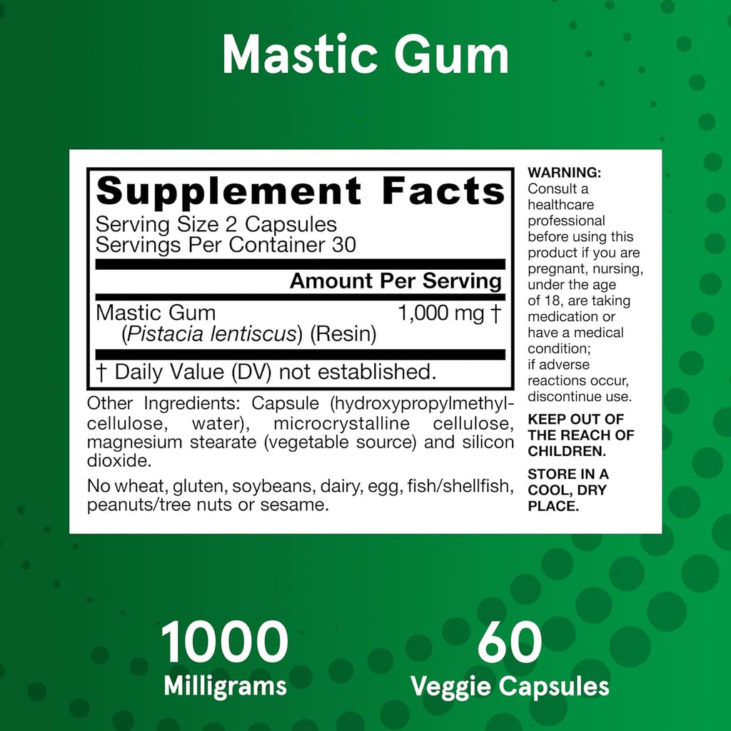 Jarrow Formulas Mastic Gum 1000 Mg - 60 Veggie Caps - Mastic Gum Capsules Supporting Stomach and Duodenal Health - 30 Servings