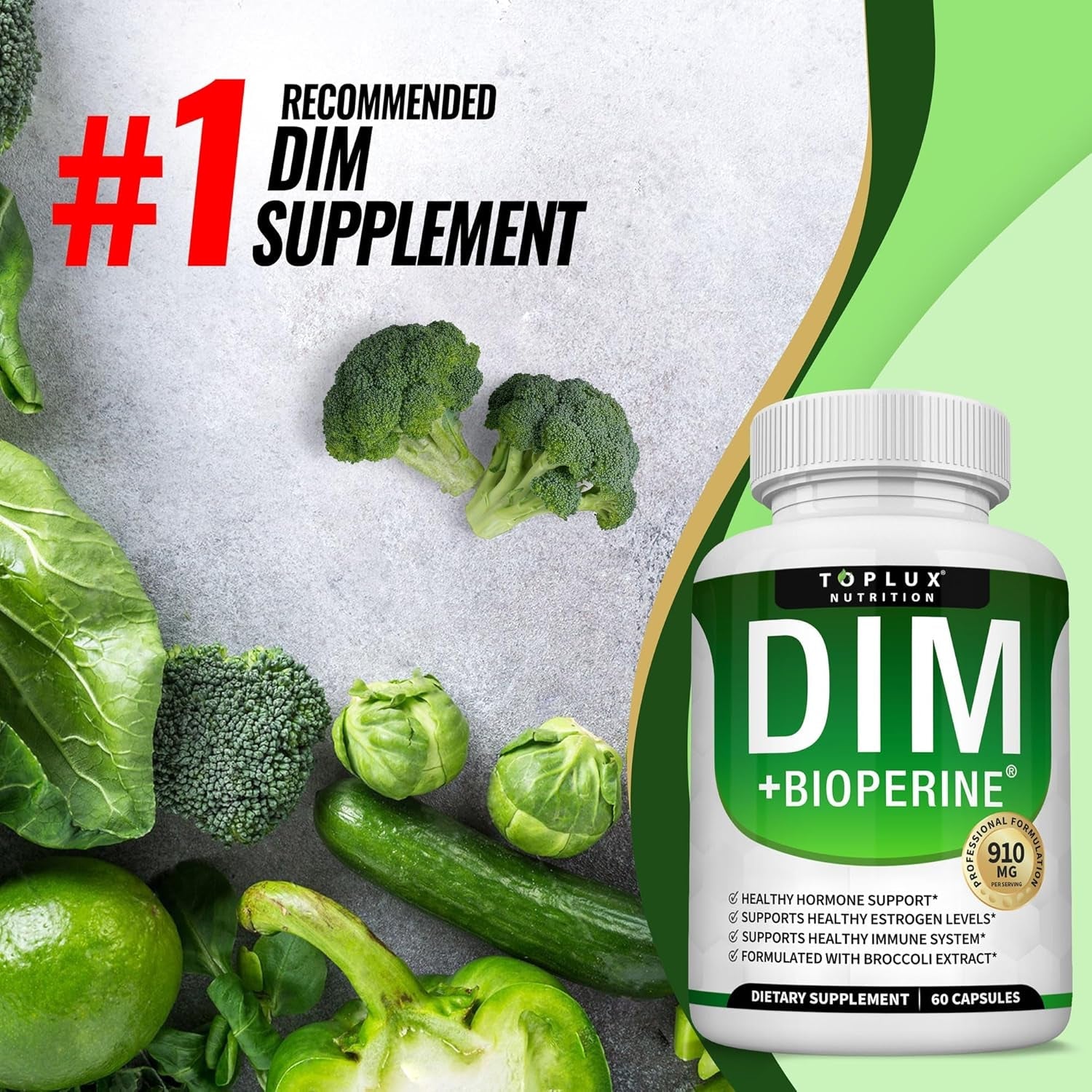 Dim Supplement 910 Mg plus Bioperine Complex - Diindolylmethane for Men Women, 60 Capsules